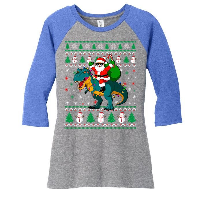 Ugly Christmas Santa Hat Dinosaur Lights Snowflakes Trex Gift Women's Tri-Blend 3/4-Sleeve Raglan Shirt