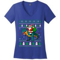 Ugly Christmas Santa Hat Dinosaur Lights Snowflakes Trex Gift Women's V-Neck T-Shirt