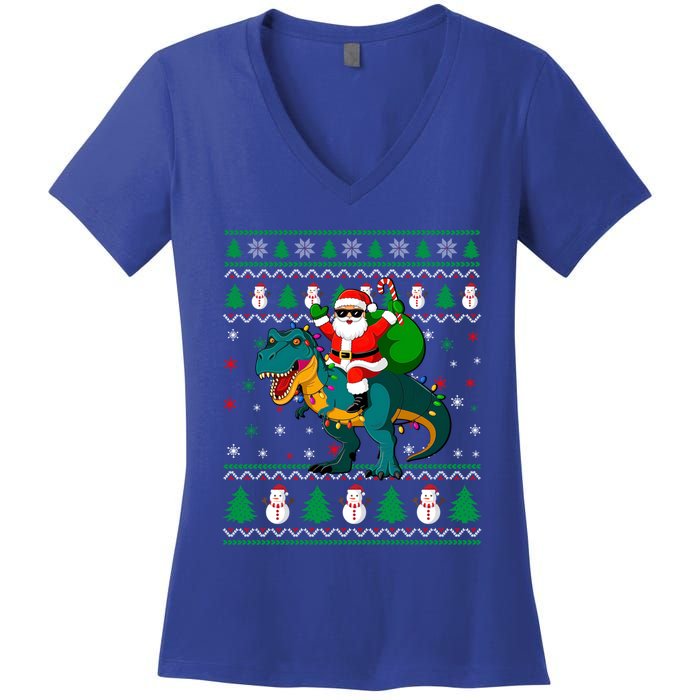 Ugly Christmas Santa Hat Dinosaur Lights Snowflakes Trex Gift Women's V-Neck T-Shirt