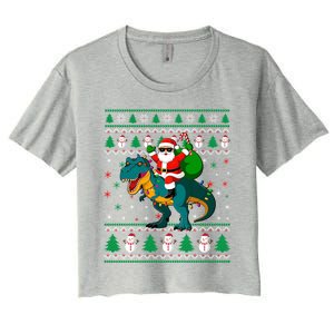 Ugly Christmas Santa Hat Dinosaur Lights Snowflakes Trex Gift Women's Crop Top Tee