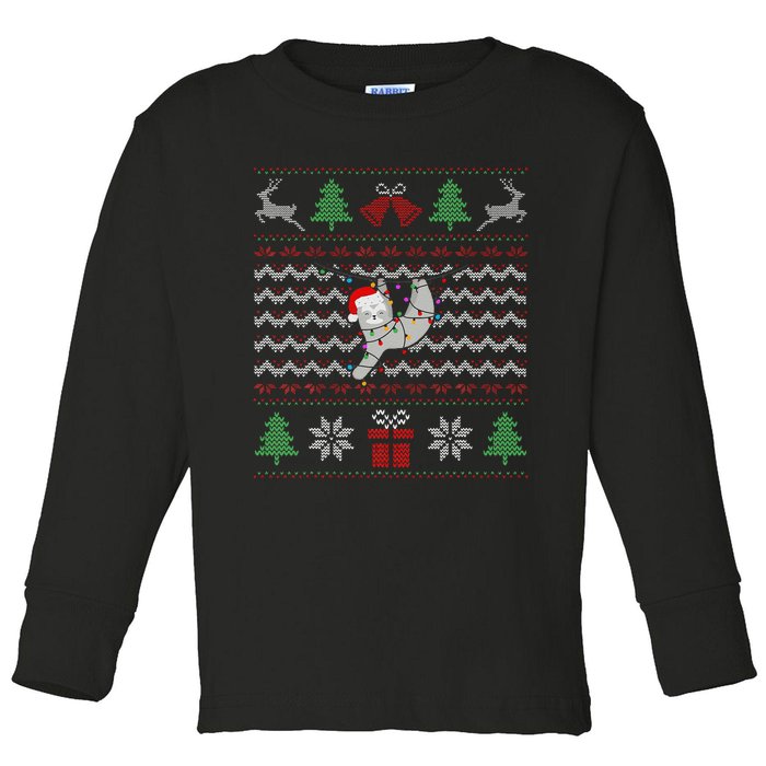 Ugly Christmas Sloth Sweater Santa Lights Funny Xmas Design Toddler Long Sleeve Shirt