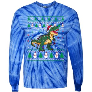 Ugly Christmas Santa Hat Snowflakes Lights Trex Snow Gift Tie-Dye Long Sleeve Shirt