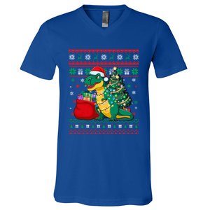 Ugly Christmas Snow Santa Hat Lights Snowflakes Trex Great Gift V-Neck T-Shirt