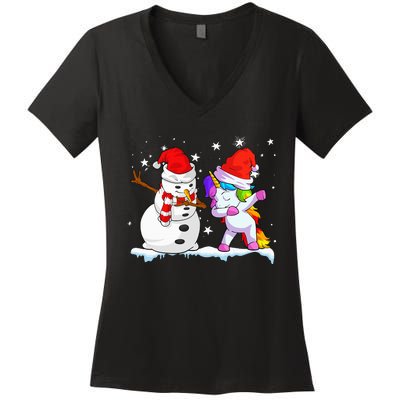 Unicorn Christmas Santa Hat Snowman Women's V-Neck T-Shirt