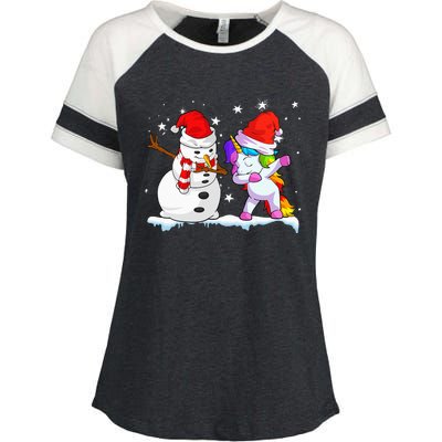 Unicorn Christmas Santa Hat Snowman Enza Ladies Jersey Colorblock Tee