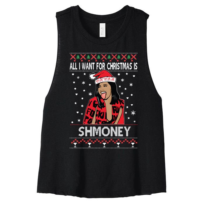 Ugly Christmas Sweater Cardi B All I Want For Christmas Is Shmoney Women's Racerback Cropped Tank