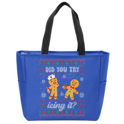 Ugly Christmas Sweater Funny Nurse Did You Try Icing It Gift Zip Tote Bag