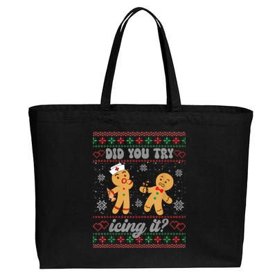 Ugly Christmas Sweater Funny Nurse Did You Try Icing It Gift Cotton Canvas Jumbo Tote