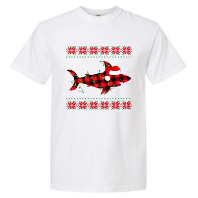 Ugly Christmas Sweater Shark Lover Xmas Lights Santa Gift Garment-Dyed Heavyweight T-Shirt