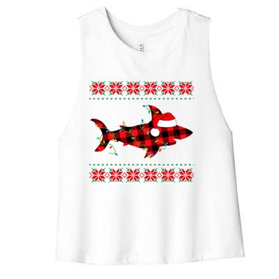 Ugly Christmas Sweater Shark Lover Xmas Lights Santa Gift Women's Racerback Cropped Tank