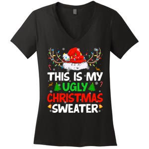 Ugly Christmas Sweater Xmas Santa Reindeer Women's V-Neck T-Shirt