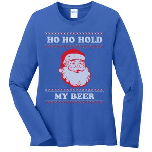 Ugly Christmas Santa Ho Ho Hold My Beer Cute Gift Ladies Long Sleeve Shirt