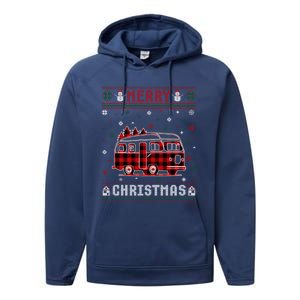 Ugly Christmas Sweater Camper Buffalo Plaid Red Xmas Gift Performance Fleece Hoodie