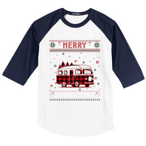 Ugly Christmas Sweater Camper Buffalo Plaid Red Xmas Gift Baseball Sleeve Shirt