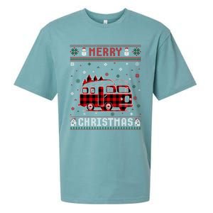 Ugly Christmas Sweater Camper Buffalo Plaid Red Xmas Gift Sueded Cloud Jersey T-Shirt