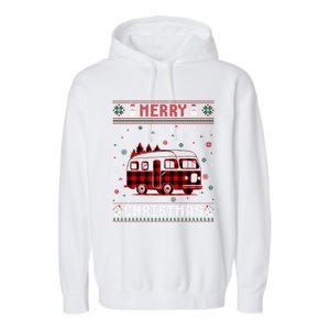 Ugly Christmas Sweater Camper Buffalo Plaid Red Xmas Gift Garment-Dyed Fleece Hoodie