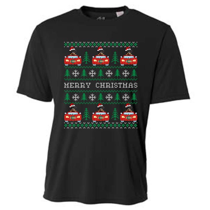 Ugly Christmas Sweater Rottweiler Xmas With Santa Hat Cooling Performance Crew T-Shirt