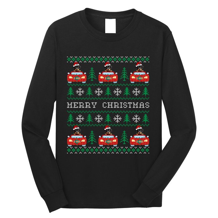 Ugly Christmas Sweater Rottweiler Xmas With Santa Hat Long Sleeve Shirt