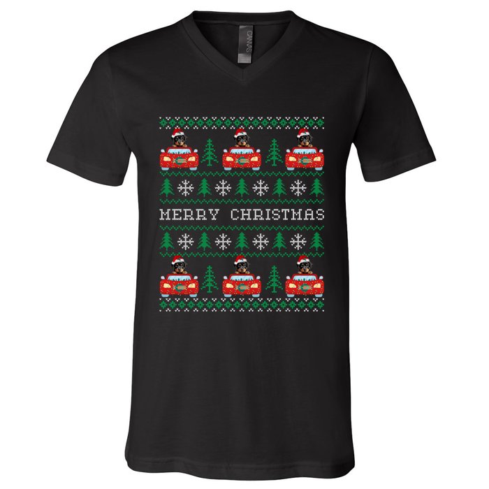 Ugly Christmas Sweater Rottweiler Xmas With Santa Hat V-Neck T-Shirt