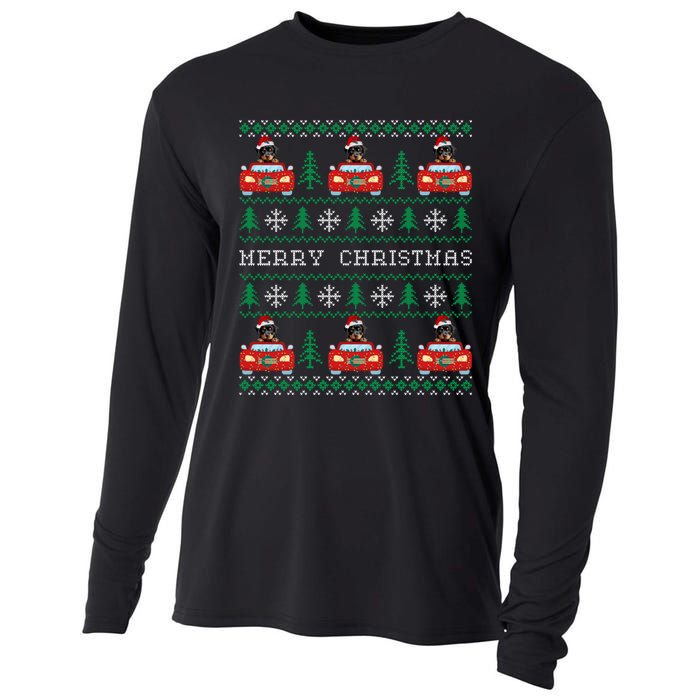 Ugly Christmas Sweater Rottweiler Xmas With Santa Hat Cooling Performance Long Sleeve Crew