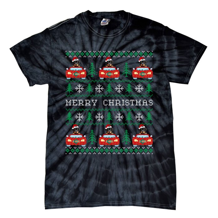 Ugly Christmas Sweater Rottweiler Xmas With Santa Hat Tie-Dye T-Shirt