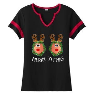 Ugly Christmas Sweater Merry Titmas Reindeer Boobs Naughty Ladies Halftime Notch Neck Tee