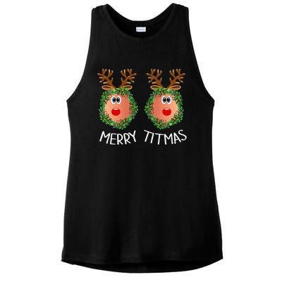 Ugly Christmas Sweater Merry Titmas Reindeer Boobs Naughty Ladies PosiCharge Tri-Blend Wicking Tank