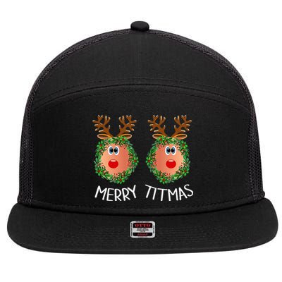 Ugly Christmas Sweater Merry Titmas Reindeer Boobs Naughty 7 Panel Mesh Trucker Snapback Hat