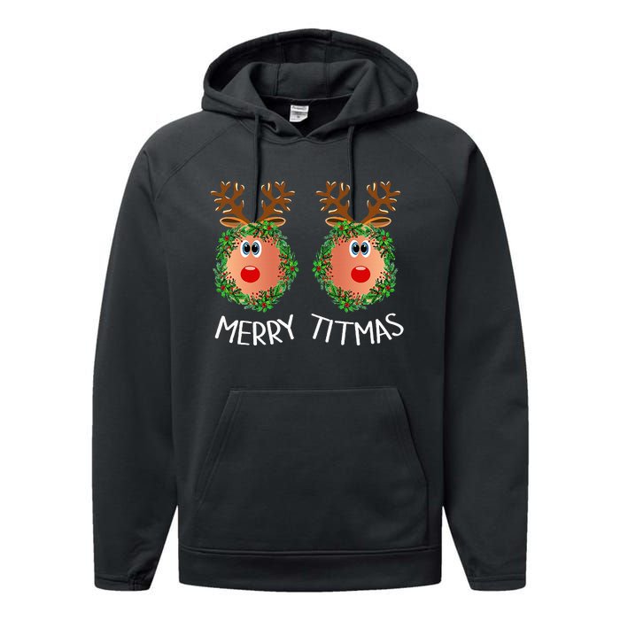 Ugly Christmas Sweater Merry Titmas Reindeer Boobs Naughty Performance Fleece Hoodie