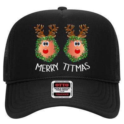 Ugly Christmas Sweater Merry Titmas Reindeer Boobs Naughty High Crown Mesh Back Trucker Hat