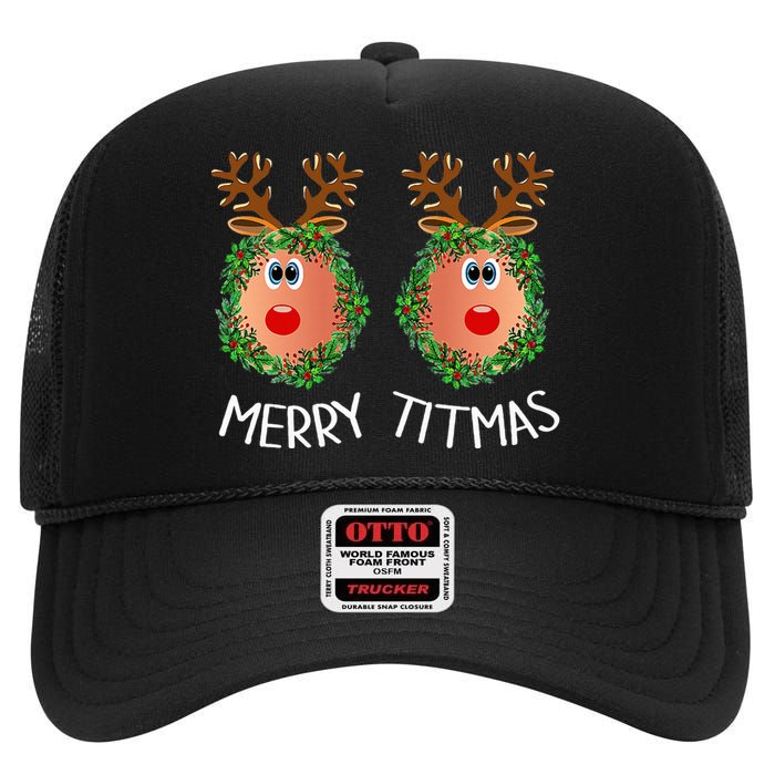 Ugly Christmas Sweater Merry Titmas Reindeer Boobs Naughty High Crown Mesh Back Trucker Hat