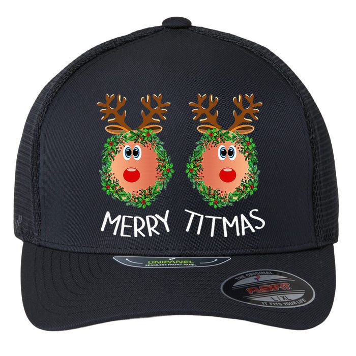 Ugly Christmas Sweater Merry Titmas Reindeer Boobs Naughty Flexfit Unipanel Trucker Cap