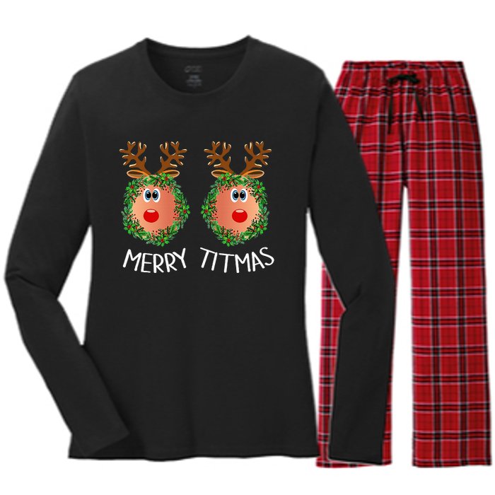 Ugly Christmas Sweater Merry Titmas Reindeer Boobs Naughty Women's Long Sleeve Flannel Pajama Set 