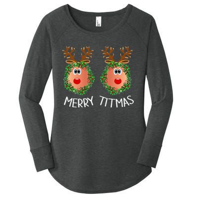 Ugly Christmas Sweater Merry Titmas Reindeer Boobs Naughty Women's Perfect Tri Tunic Long Sleeve Shirt