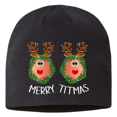 Ugly Christmas Sweater Merry Titmas Reindeer Boobs Naughty Sustainable Beanie