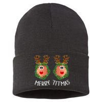 Ugly Christmas Sweater Merry Titmas Reindeer Boobs Naughty Sustainable Knit Beanie