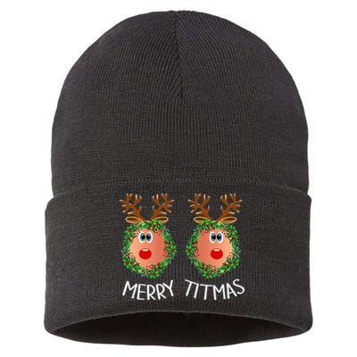 Ugly Christmas Sweater Merry Titmas Reindeer Boobs Naughty Sustainable Knit Beanie