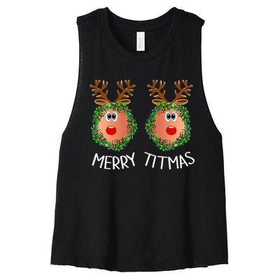 Ugly Christmas Sweater Merry Titmas Reindeer Boobs Naughty Women's Racerback Cropped Tank