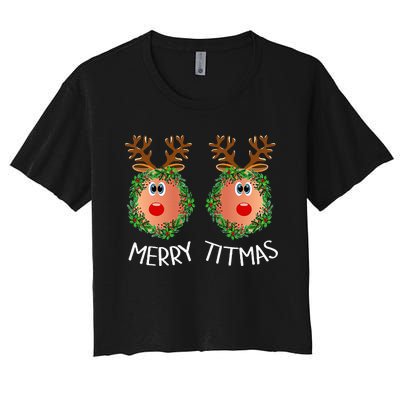 Ugly Christmas Sweater Merry Titmas Reindeer Boobs Naughty Women's Crop Top Tee