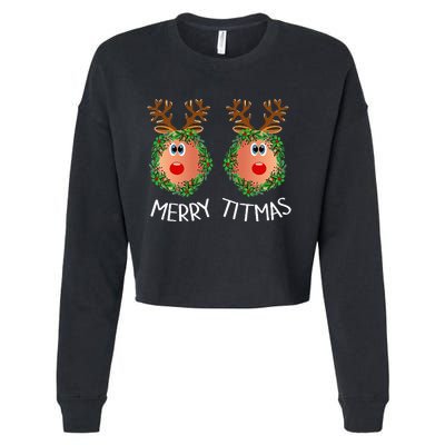 Ugly Christmas Sweater Merry Titmas Reindeer Boobs Naughty Cropped Pullover Crew