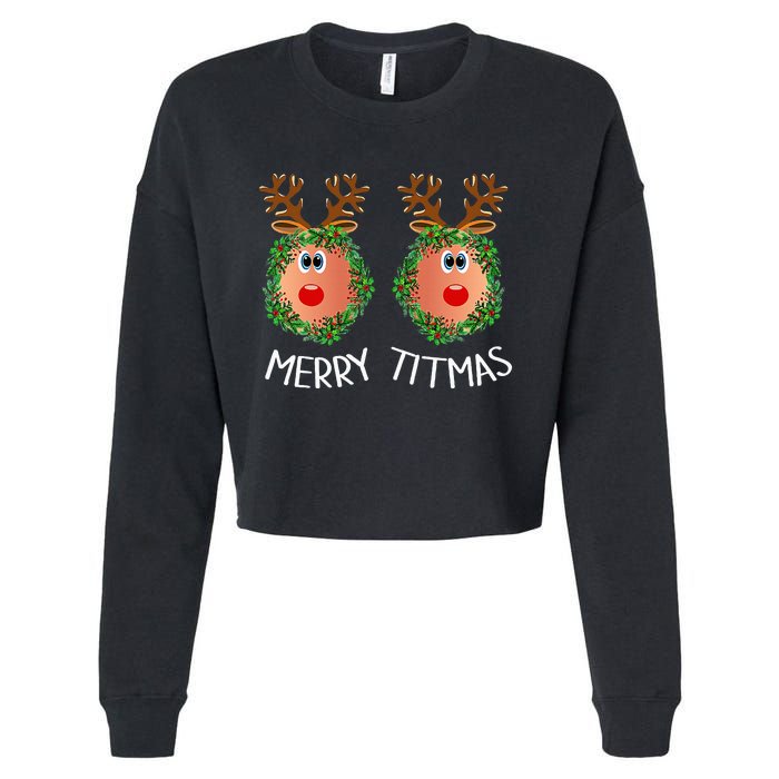 Ugly Christmas Sweater Merry Titmas Reindeer Boobs Naughty Cropped Pullover Crew