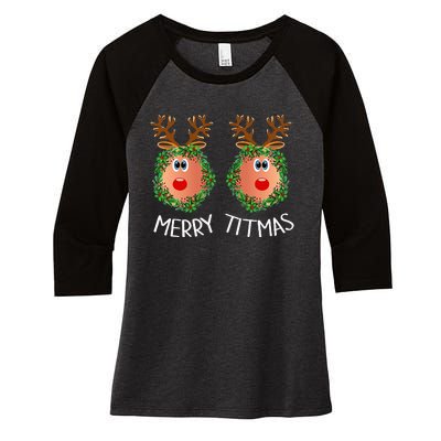 Ugly Christmas Sweater Merry Titmas Reindeer Boobs Naughty Women's Tri-Blend 3/4-Sleeve Raglan Shirt