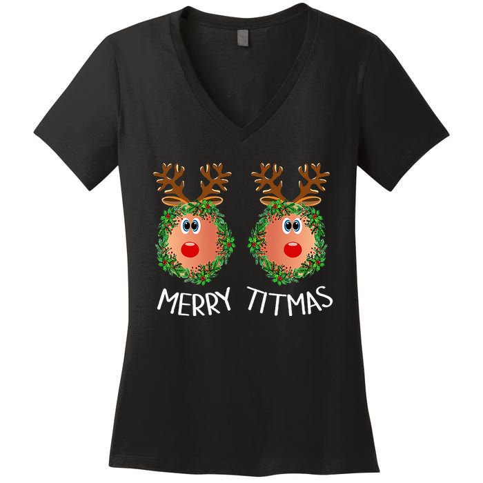 Ugly Christmas Sweater Merry Titmas Reindeer Boobs Naughty Women's V-Neck T-Shirt