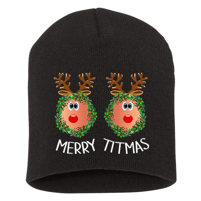 Ugly Christmas Sweater Merry Titmas Reindeer Boobs Naughty Short Acrylic Beanie