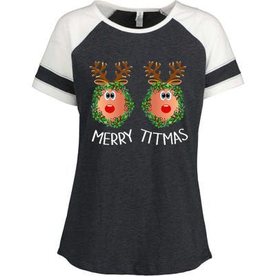 Ugly Christmas Sweater Merry Titmas Reindeer Boobs Naughty Enza Ladies Jersey Colorblock Tee