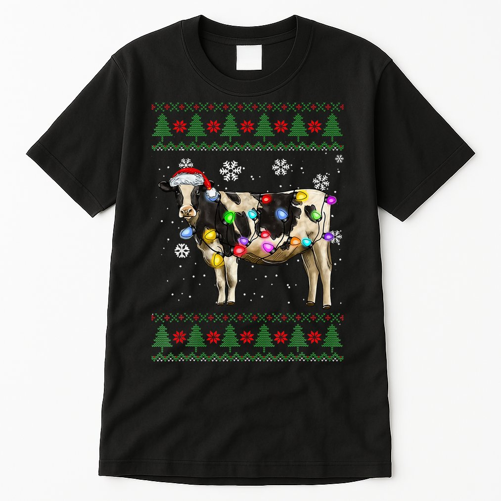 Ugly Christmas Sweater Cow Christmas Lights Sweater Light Up Tall T-Shirt