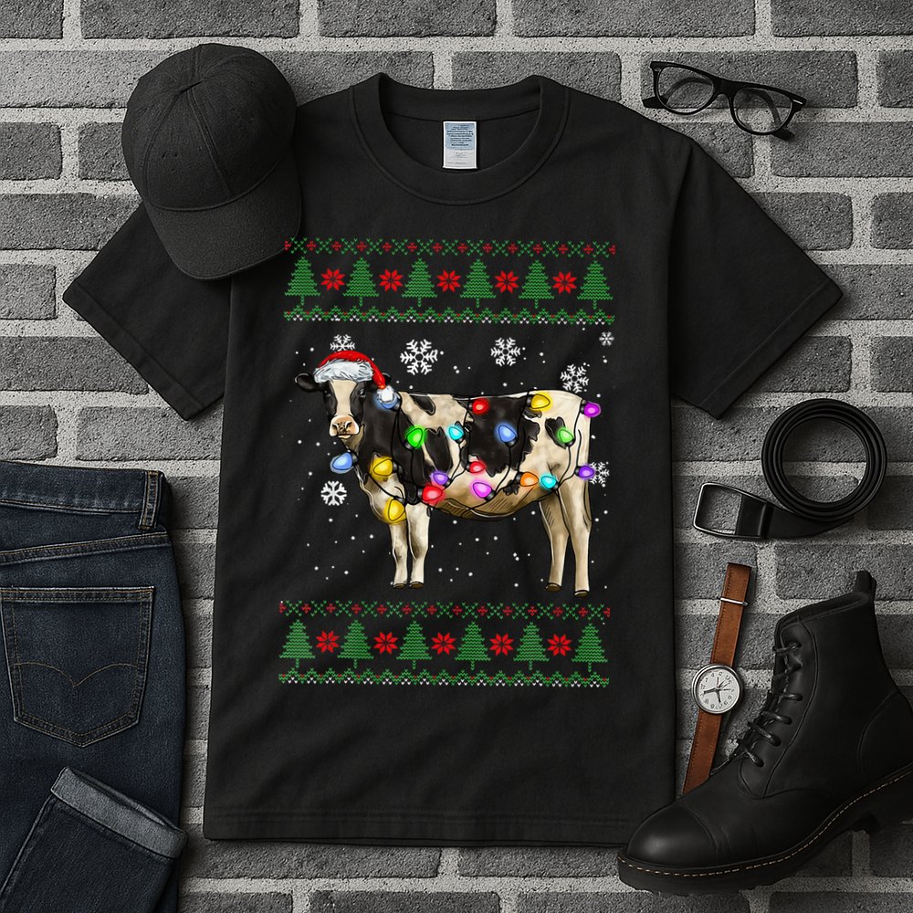 Ugly Christmas Sweater Cow Christmas Lights Sweater Light Up Tall T-Shirt
