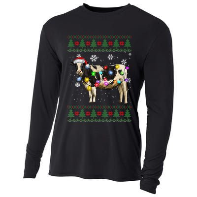 Ugly Christmas Sweater Cow Christmas Lights Sweater Light Up Cooling Performance Long Sleeve Crew