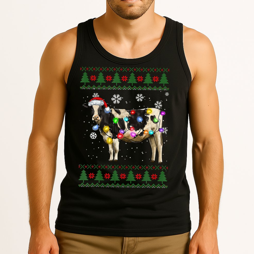 Ugly Christmas Sweater Cow Christmas Lights Sweater Light Up Tank Top