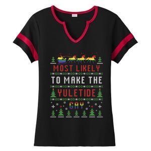 Ugly Christmas Sweater Most Likely To Make The Yuletide Gay Ladies Halftime Notch Neck Tee